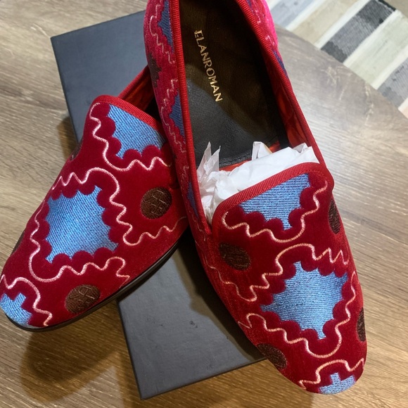 ELANROMAN Vibrant Red and Blue Velvet  Embroidered Loafers EU 46 / US 12 - Picture 1 of 5